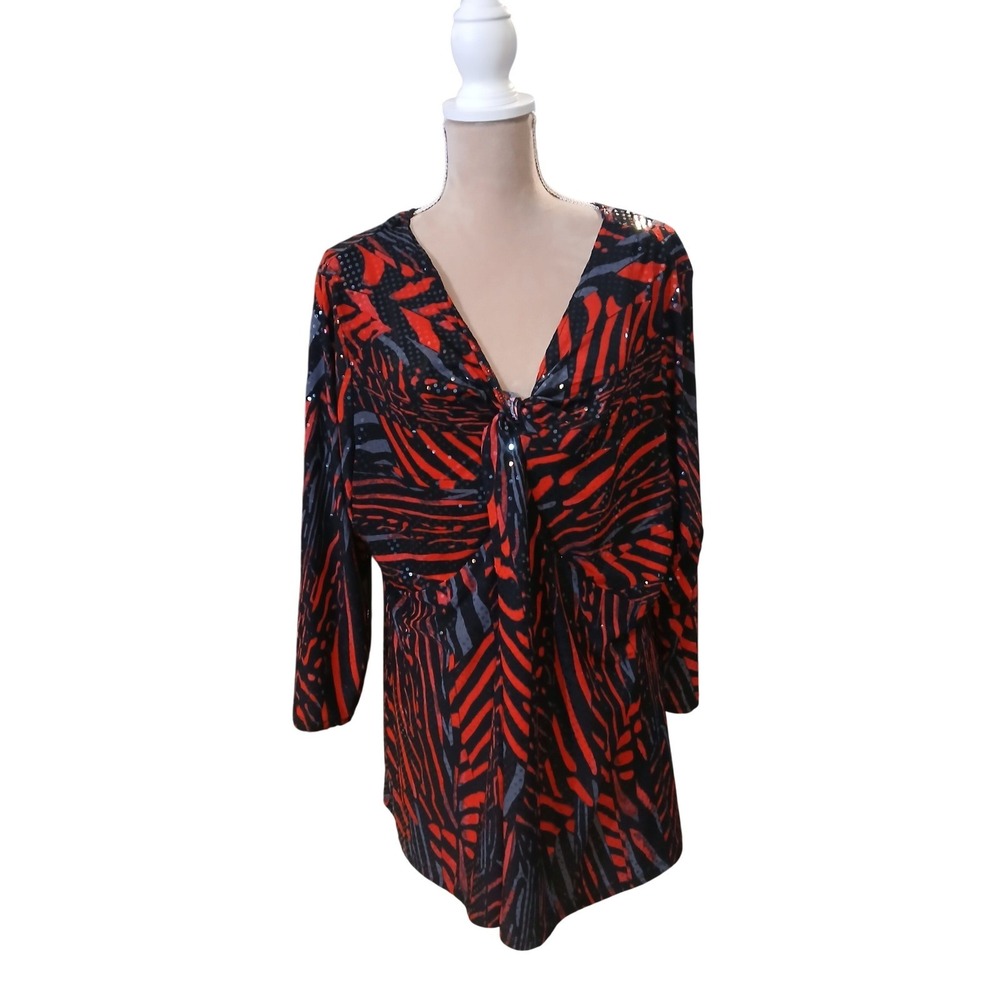 Fashion Bug Women's 2X Red Black Zebra Print Sequins Twist Front Long Sleeve Top